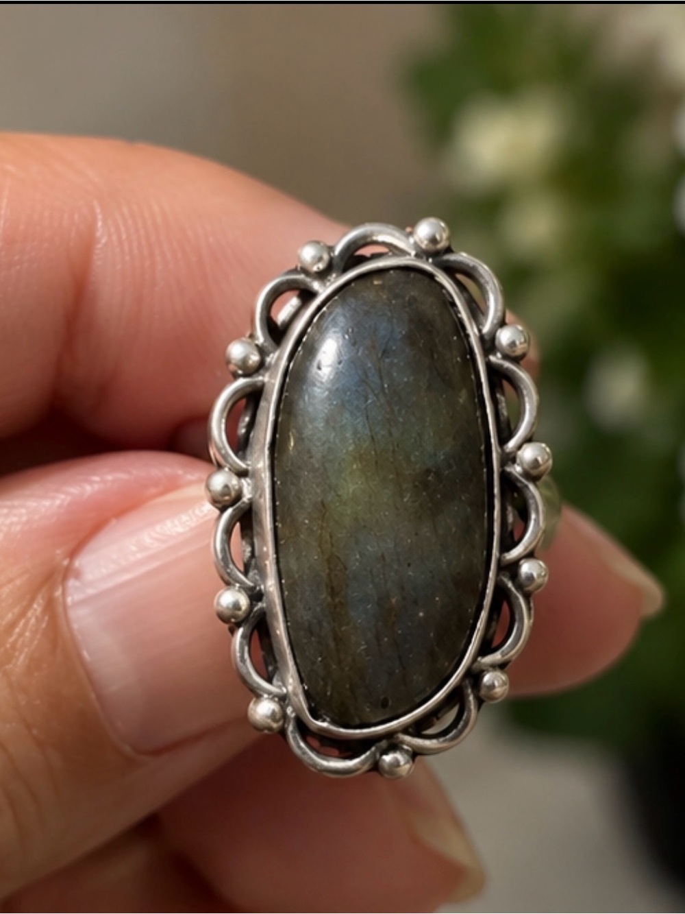 Labradorite Oval Sterling Silver Statement Ring - Gray Blue